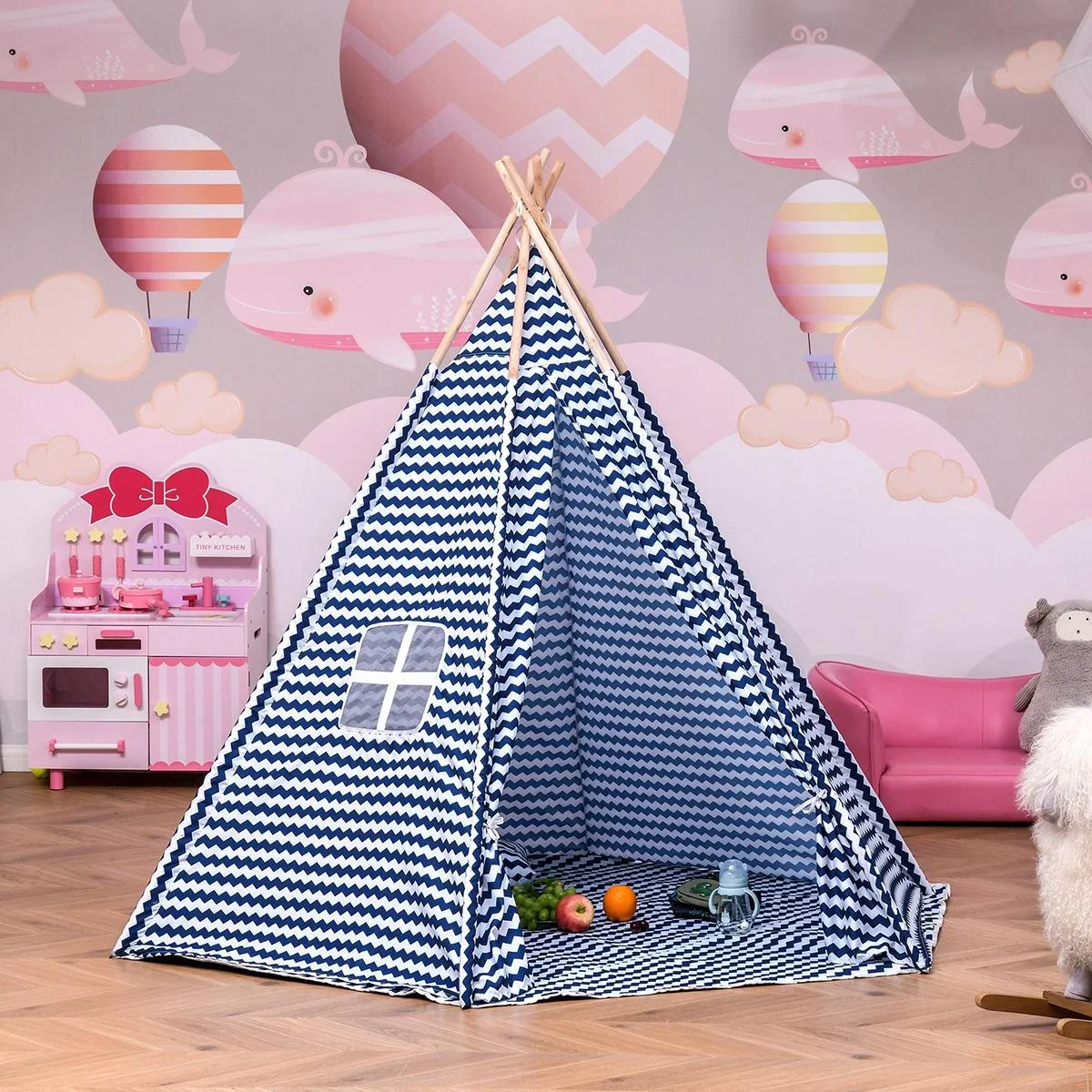 Tipi-Kinderzelt mit Bodenmatte blau, weiß - 5