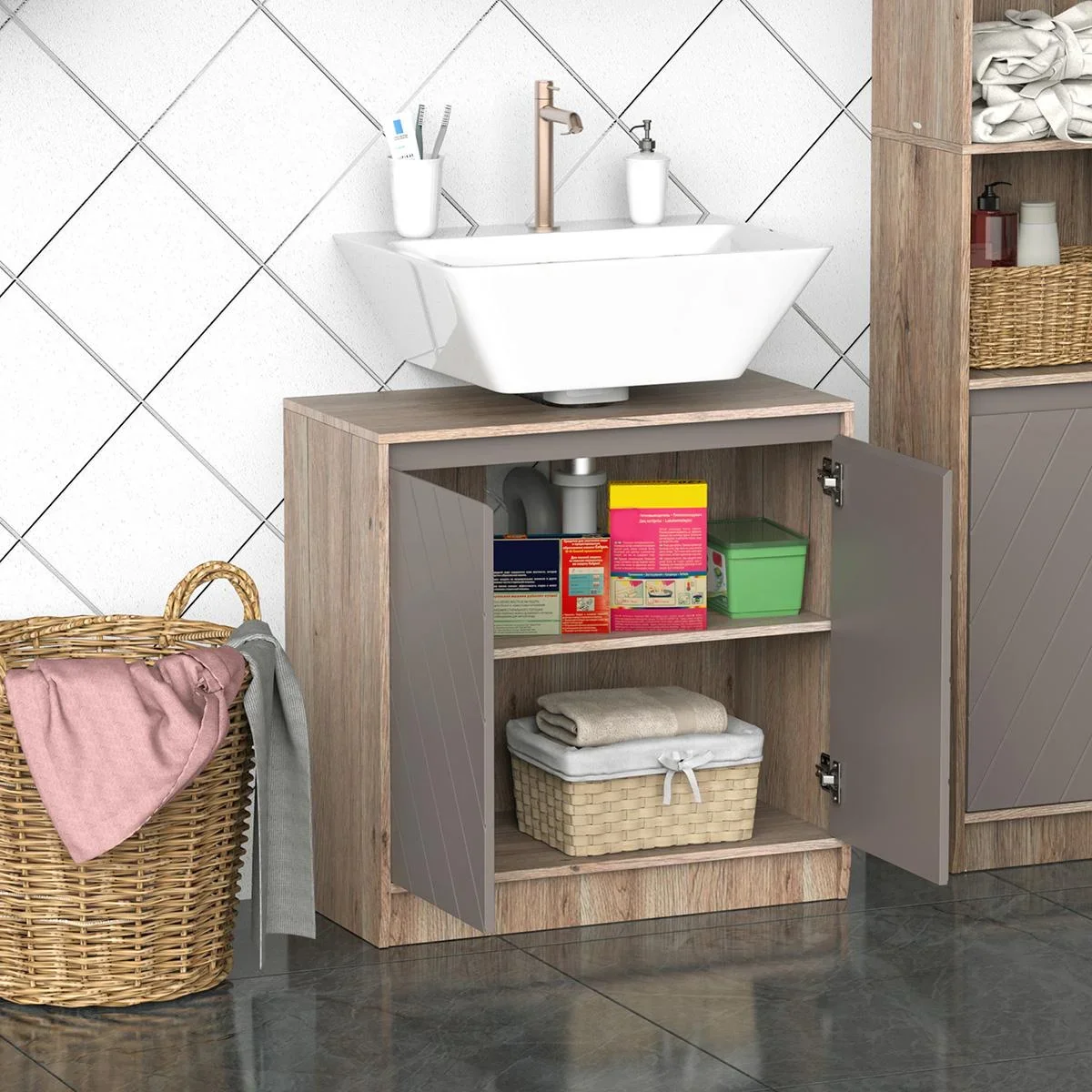 Waschbeckenunterschrank Badschrank Badmöbel mit 2 Türen Unterschrank MDF Grau+Eiche 60 x 30 x 59,8 cm - 1