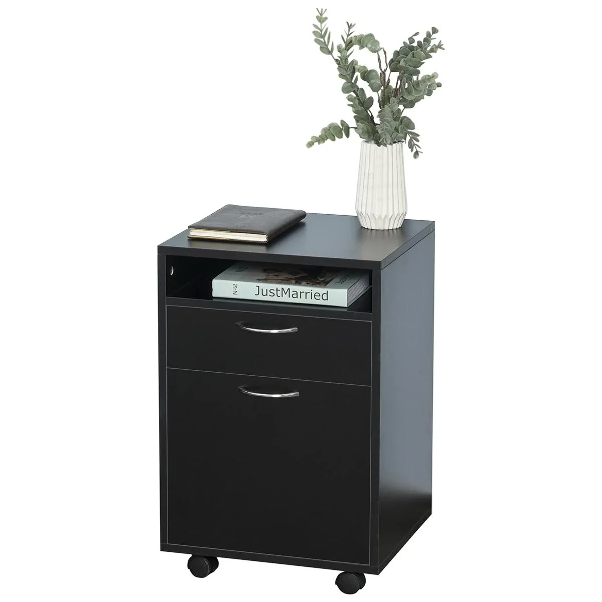 Rollcontainer, Aktenschrank, Bürocontainer mit Schublade, Büroschrank, Aufbewahrung Container, Spanplatte, Schwarz, 40 x - 1