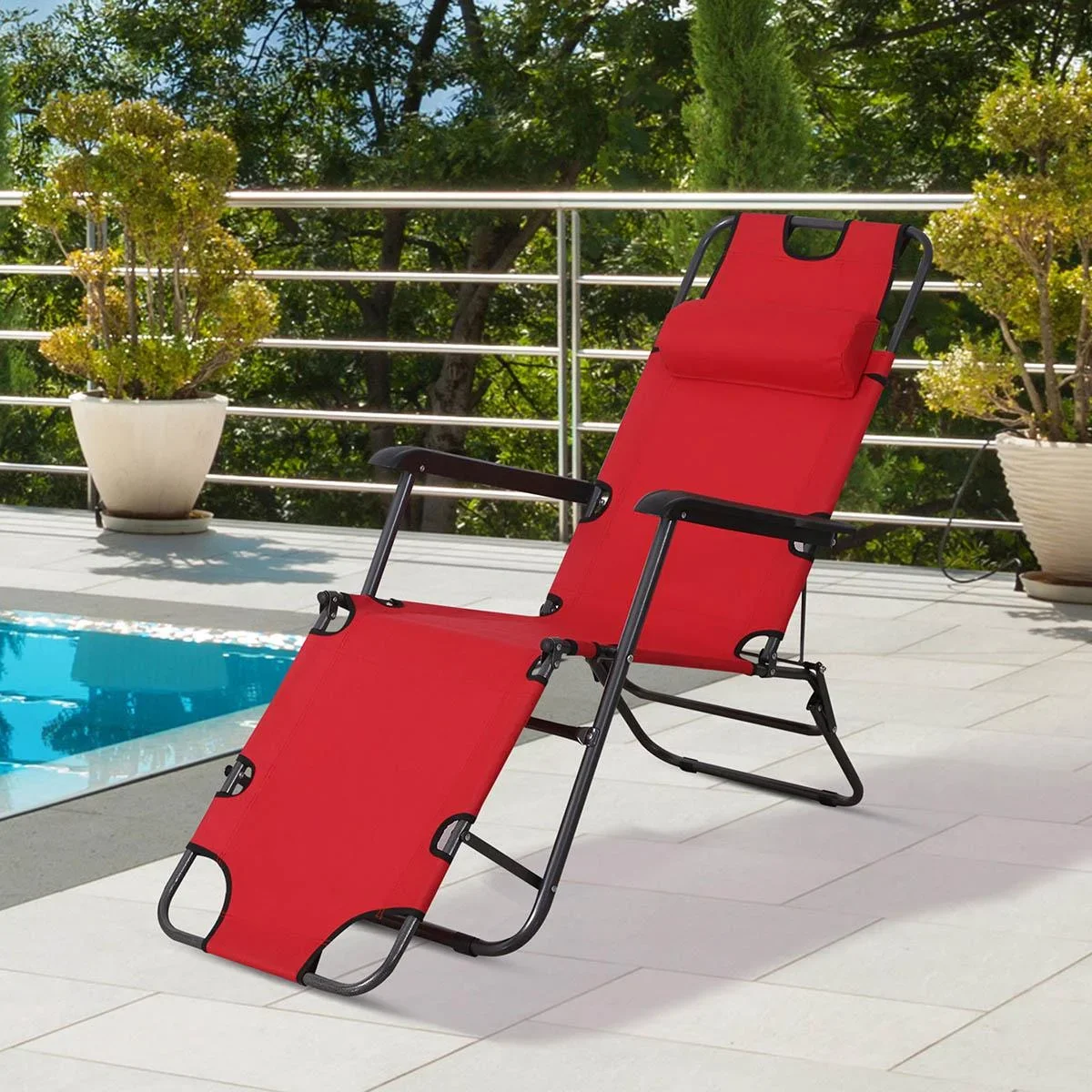 Sonnenliege mit Kissen, Klappbare Strandliege, 2-Stufige Gartenliege , 2-in-1 Relaxliege, Metall + Oxfordstoff, Rot 135 - 3