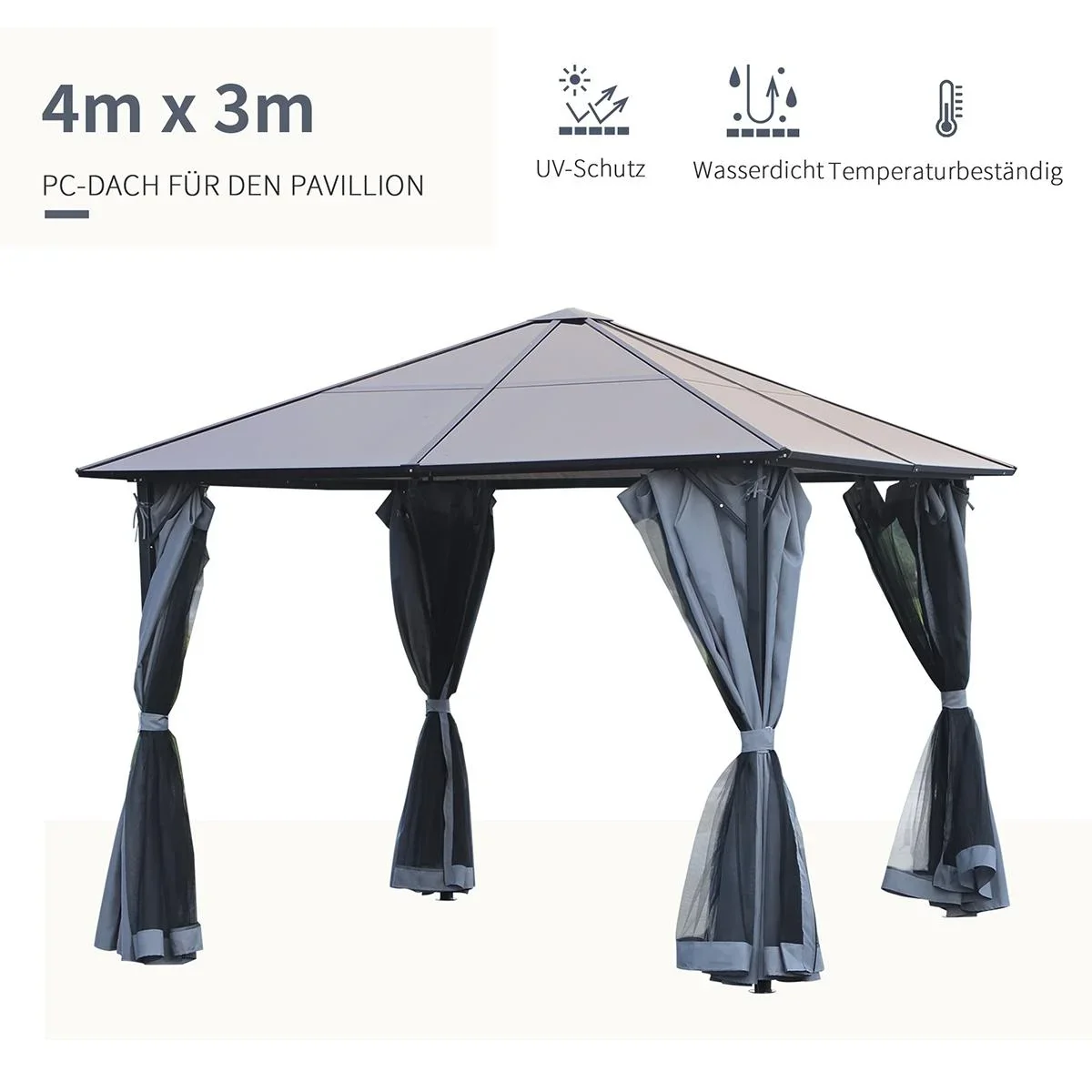 Pavillon 3 x 4m Gartenpavillon Partyzelt mit Seitenteilen PC Dach Alu Dunkelgrau - 1