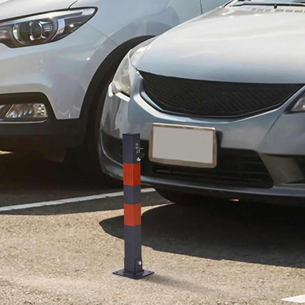 Parkplatzsperre, Zusammenklappbare Parkpfosten, Manueller Sperrpfosten mit Roten Warnstreifen, 3 Schlüssel, Stahl - 0
