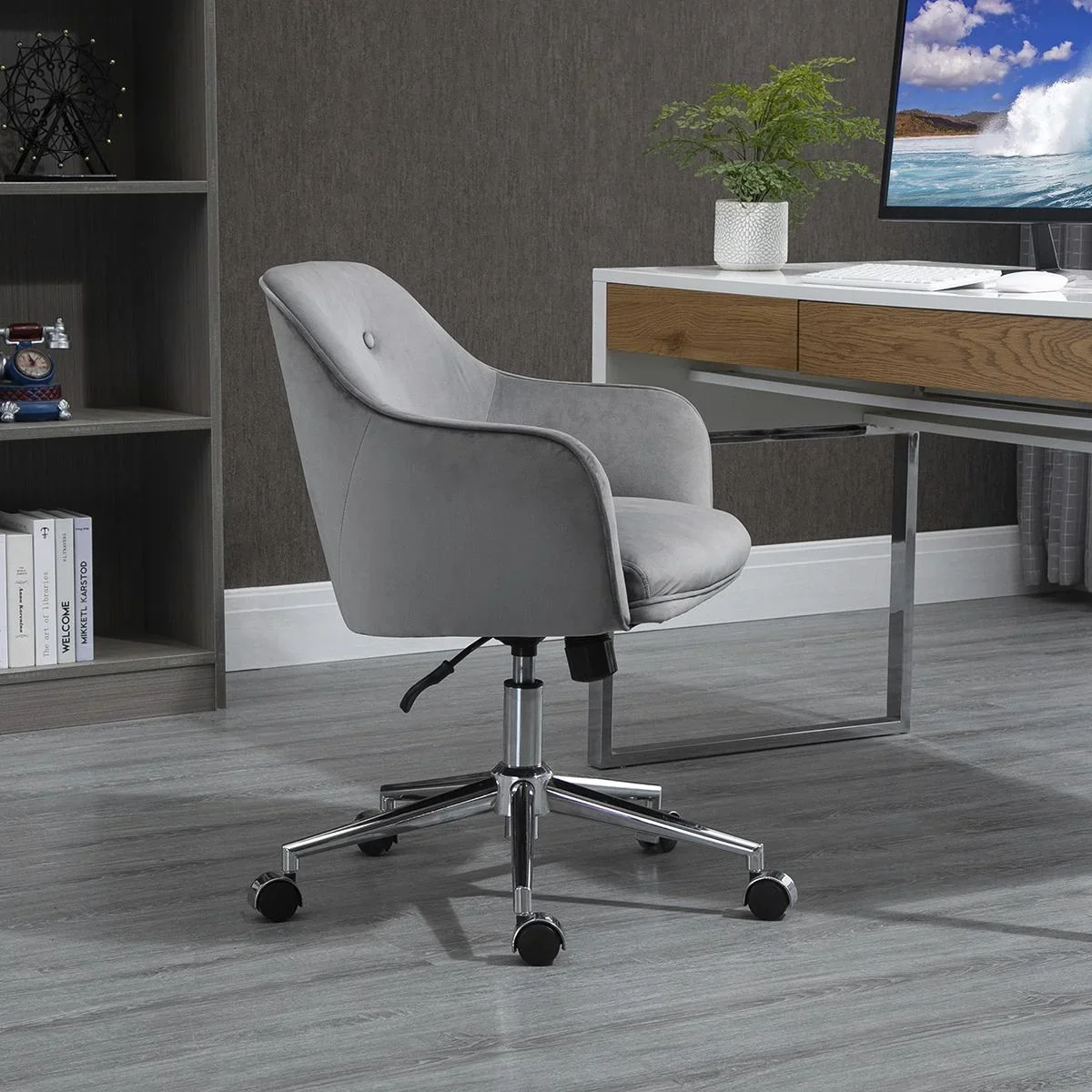 Bürostuhl mit Wippenfunktion Home-Office-Stuhl höhenverstellbarer Schreibtischstuhl ergonomisch 360°-Drehräder Samt-Tou - 1
