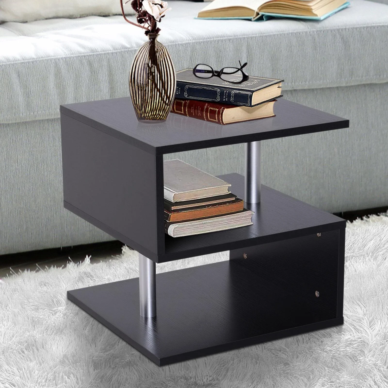 Beistelltisch Couchtisch Sofatisch 3 x Fach Spanplatte + Alulegierung Schwarz 48 x 48 x 48 cm - 0