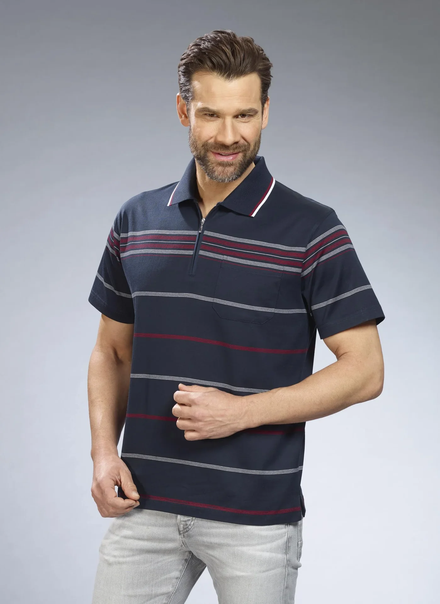 Poloshirt gestreift, Farbe marine, Gr.M - 1