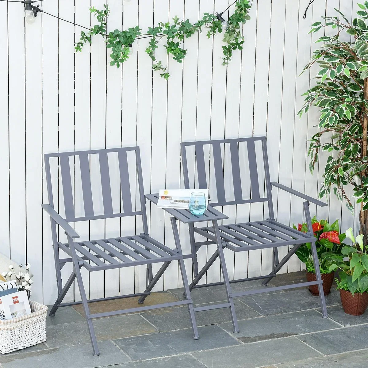 Doppel-Gartenstuhl mit Tisch klappbar grau - 2