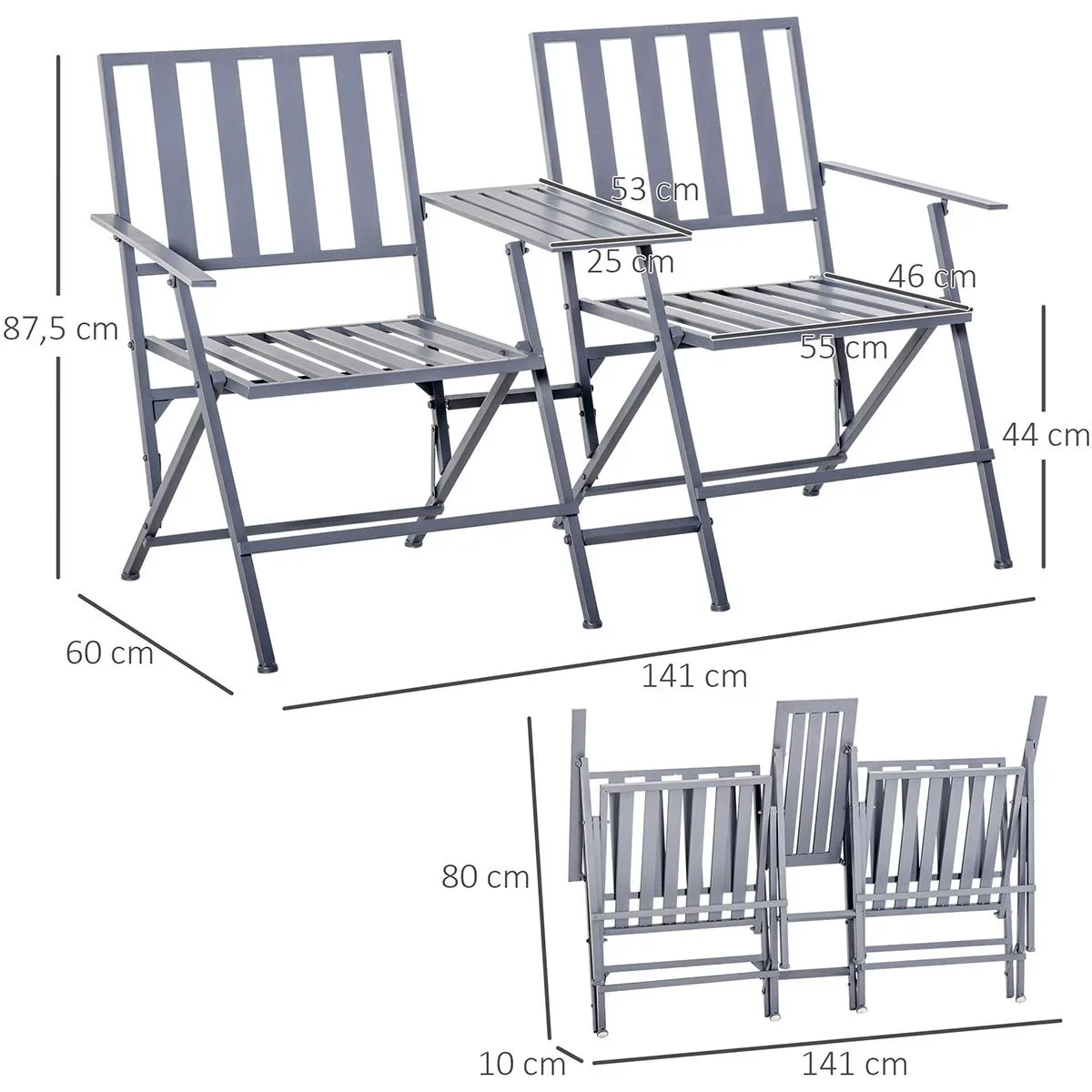 Doppel-Gartenstuhl mit Tisch klappbar grau - 5
