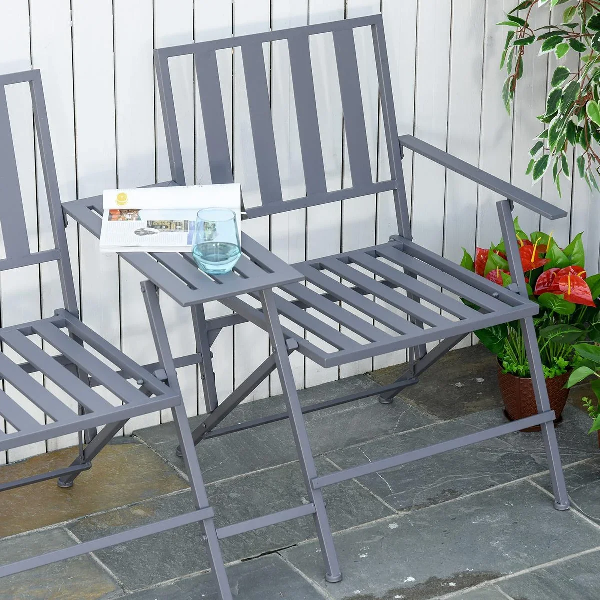 Doppel-Gartenstuhl mit Tisch klappbar grau - 7