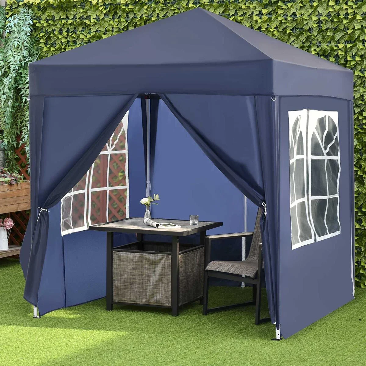 Pavillon 2x2m Faltpavillon 4 Seitenwände mit Fenster Tür mit Reißverschluss Festzelt Gartenzelt Pop-Up-Pavillon inkl. He - 2