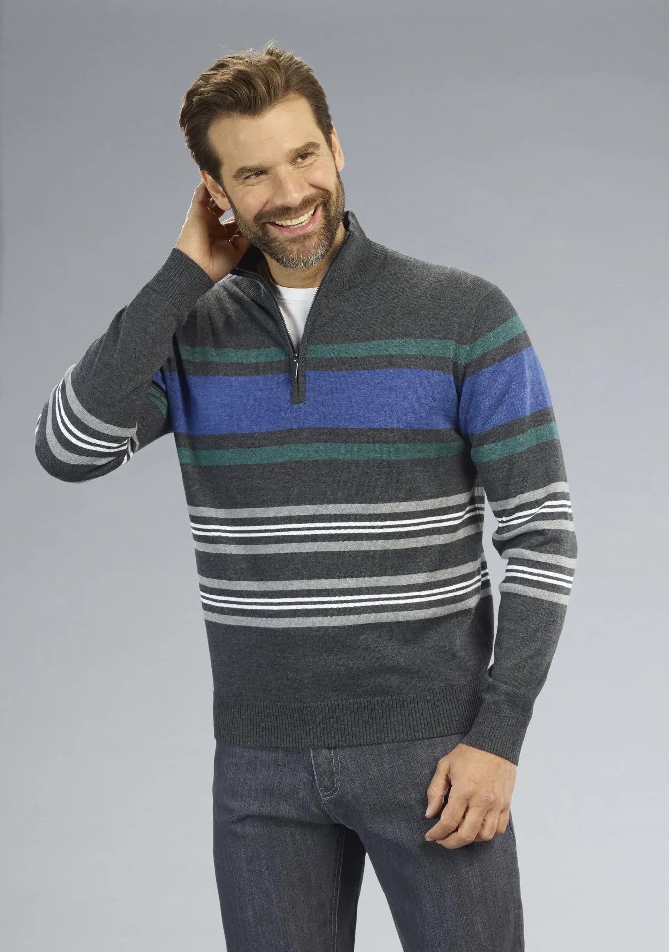 Pullover mit Reißverschluß, Farbe anthrazit/gestreift, Gr.M - 3