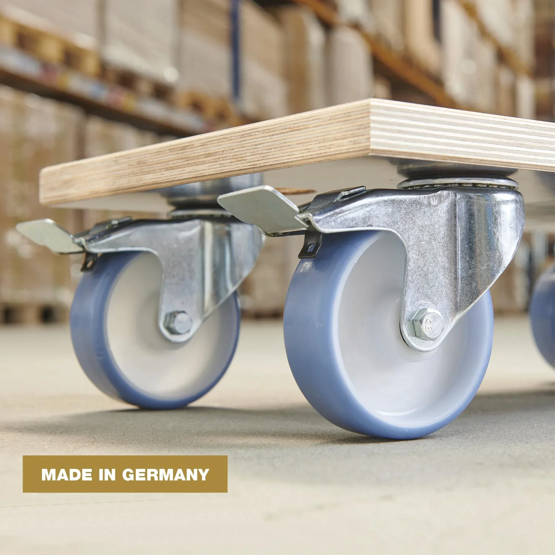 Transporthilfe MM 1341, 57,5 x 30 x 15 cm, harte Rollen Ø 100 mm, Rollenlager, 2 Bremsen, Platte FSC®, Tragkraft 500 kg - 4