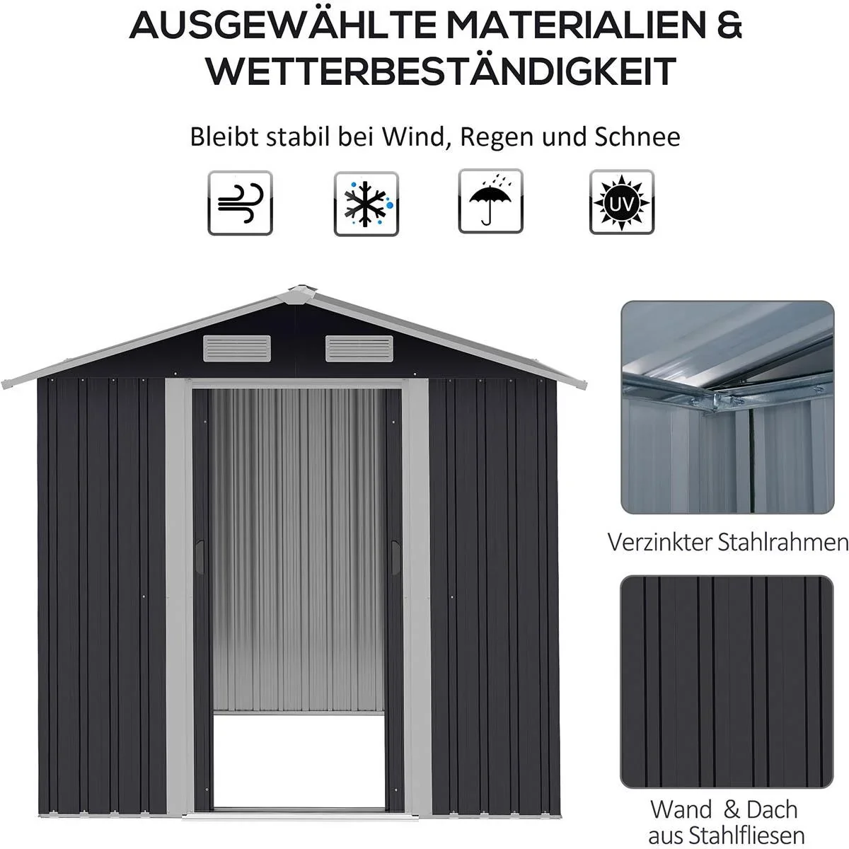 Gerätehaus mit 2 Schiebetüren Metall Gartenhaus 2,6 m² Geräteschuppen verzinkter Stahl Dunkelgrau 195,5 x 153 x 188 cm - 3