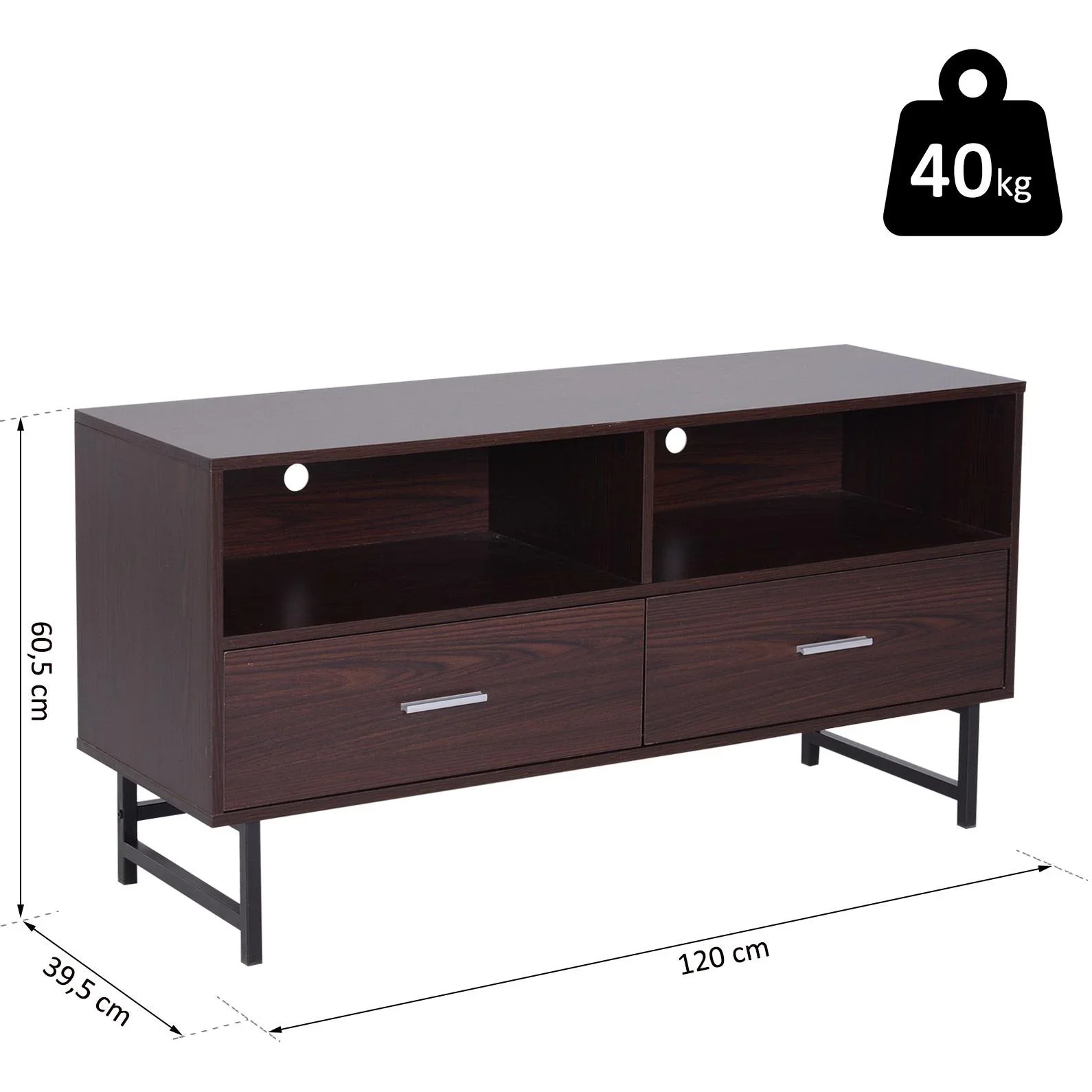 Fernsehtisch TV-kommode Unterschrank 2 x Schublade Holz Dunkelkaffee 120 x 39,5 x 60,5 cm - 2
