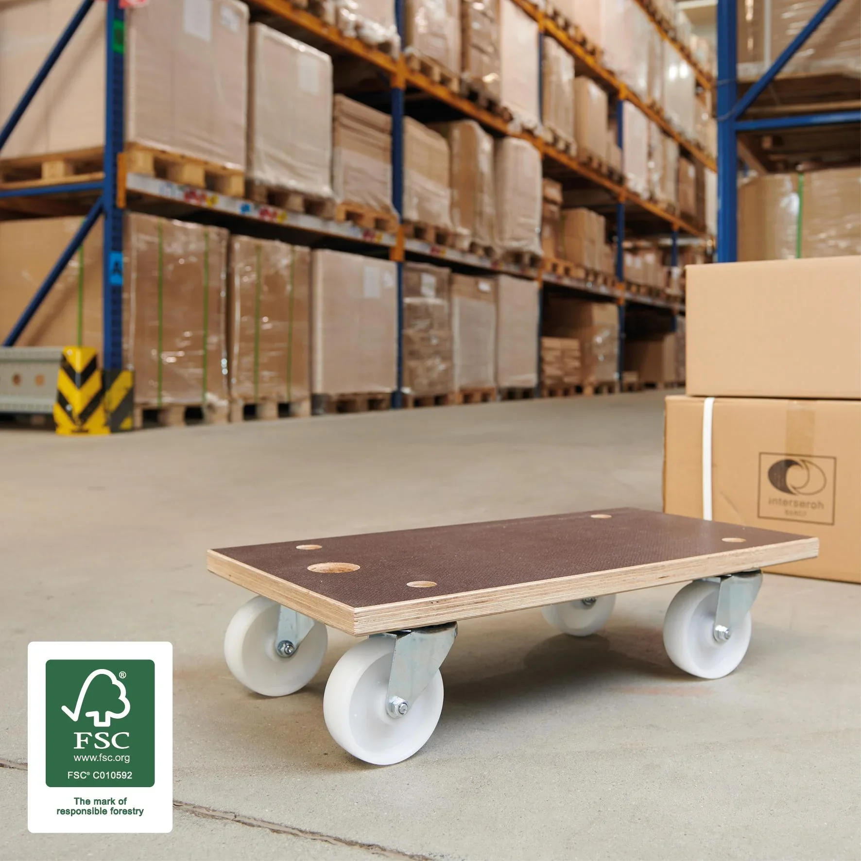 Transporthilfe MM 1143, 57,5 x 30 x 15 cm, harte Rollen Ø 100 mm, Rollenlager, Platte Maxigrip FSC®, Tragkraft 500 kg - 1