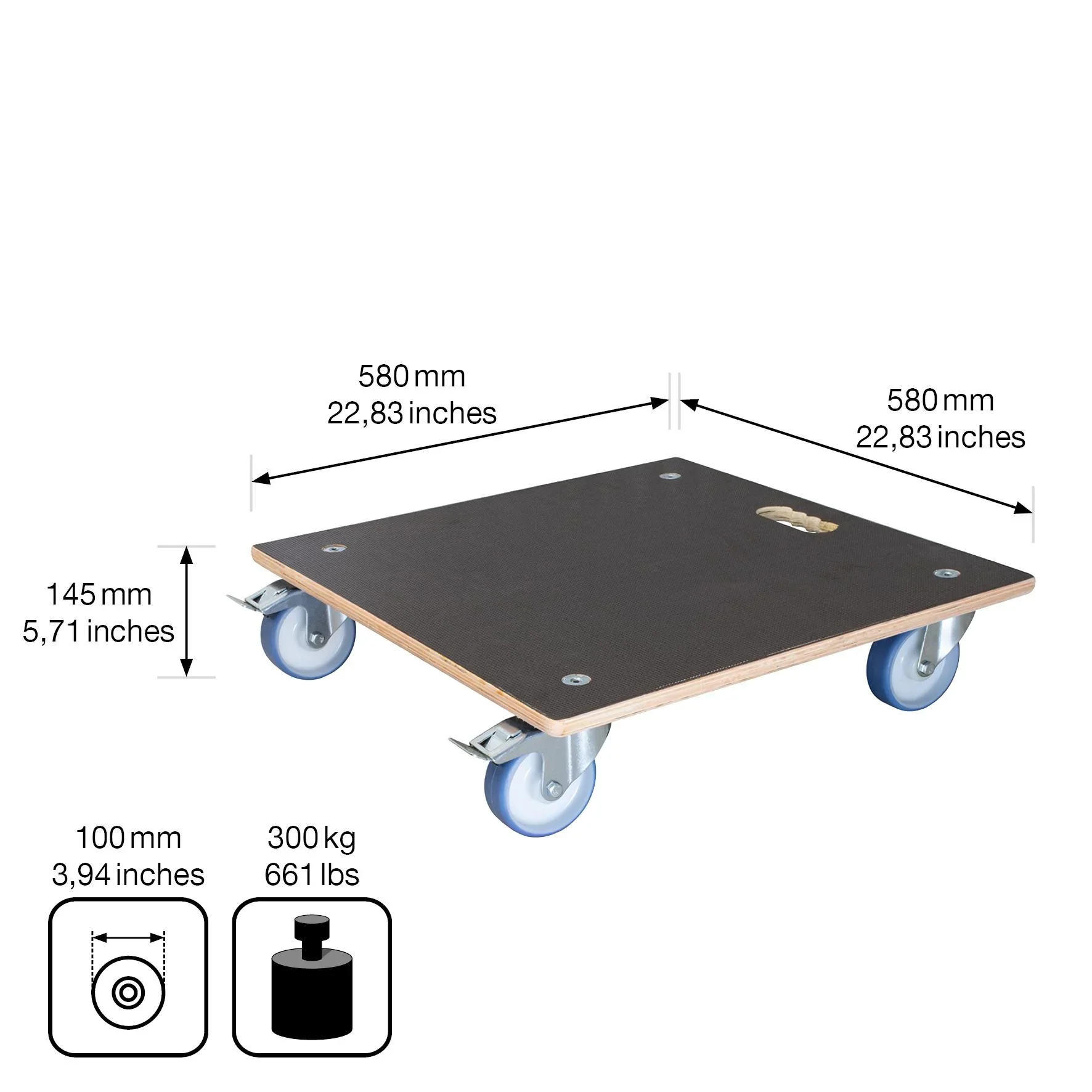 Multi Roller MR 1358, 58 x 58 x 14,5 cm, softe Rollen Ø 100, Rollenlager, 2 Bremsen, Maxigrip FSC®, Tragkraft 300 kg - 4