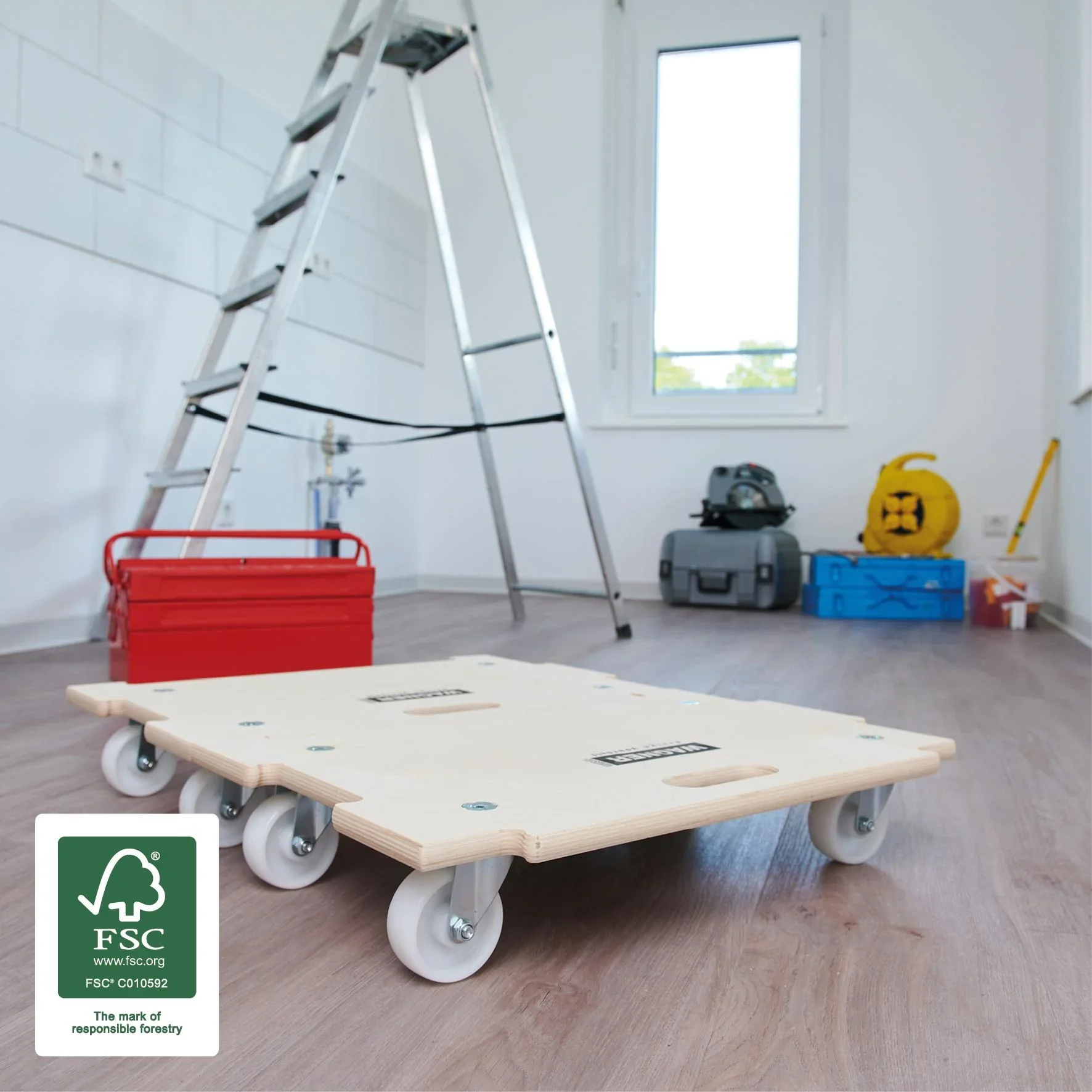Transporthilfe MM 1382, 59 x 39 x 11 cm, kombinierbar, harte Rollen Ø 75 mm, Rollenlager, Birke FSC®, Tragkraft 250 kg - 1