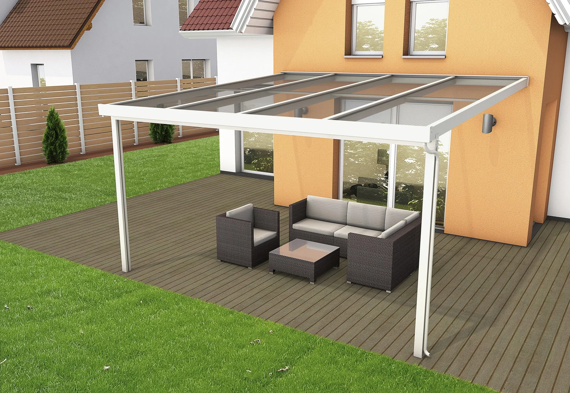 Terrassendach Premium, weiß, 4102 x 4060 mm - Polycarbonat Stegplatten 16 mm, opal - 1