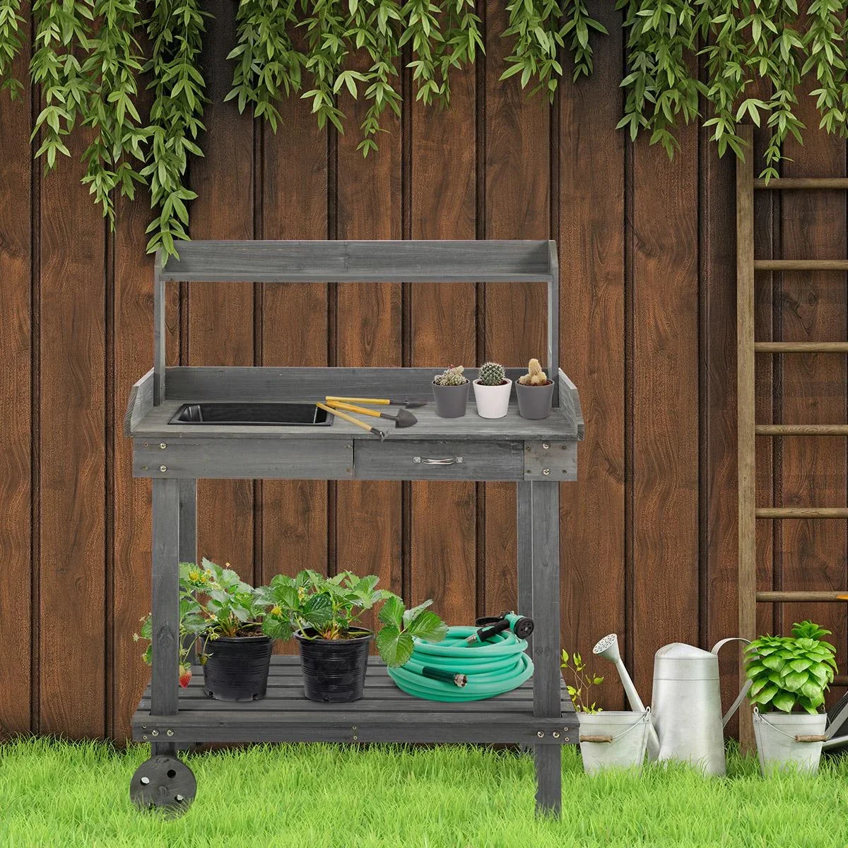 Pflanztisch mit Schublade 2 Stufen Gärtnertisch mit waschbecken und Rollen Garten Tannenholz Grau 92 x 45 x 119 cm - 1