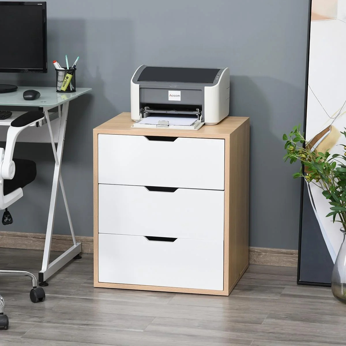 Bürocontainer mit 3 Schubladen, Aktenschrank, Büroschrank, Aufbewahrung von Akten, E1 Spanplatte, Weiß+Natur, 55 x 45 x - 0