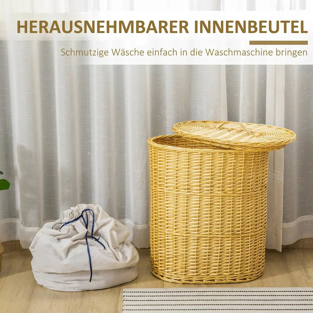 Wäschekorb aus Weide Weidenrute Wäschebox Wäschesammler geflochten mit Deckel Natur 100L 51 x 38 x 57 cm - 3