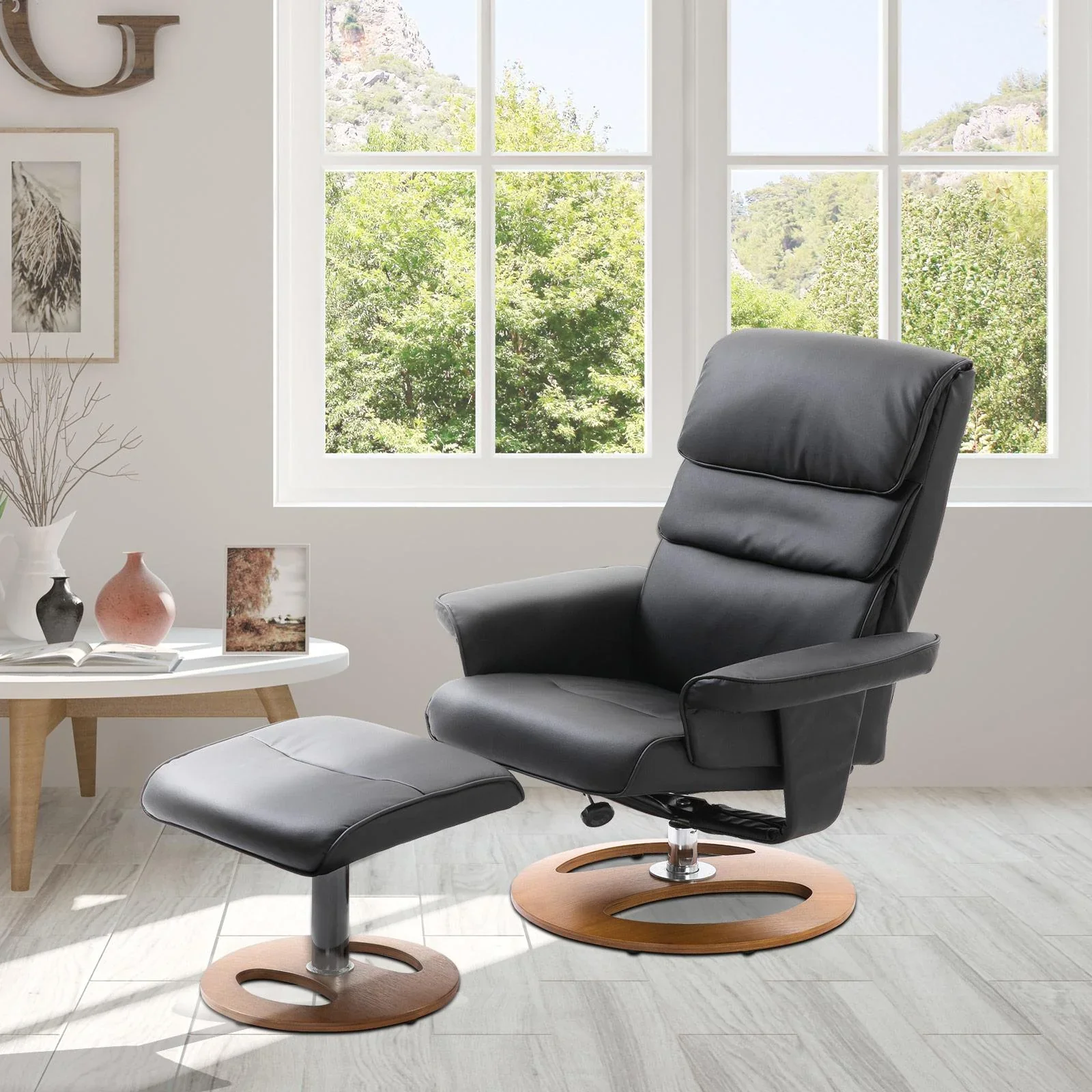 Relaxsessel mit Hocker Fernsehsessel 360° drehbar 120° neigbar PU-Bezug Holzfuß Schwarz 81 x 76 x 103 cm - 0
