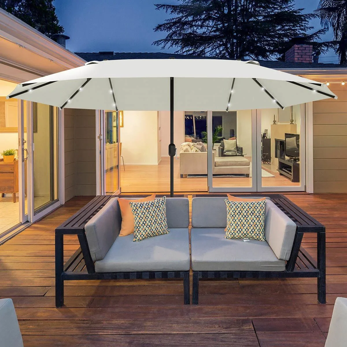 Sonnenschirm mit LED Doppelsonnenschirm 440 x 260 cm Gartenschirm Marktschirm groß Terrassenschirm mit Handkurbel Oval M - 3