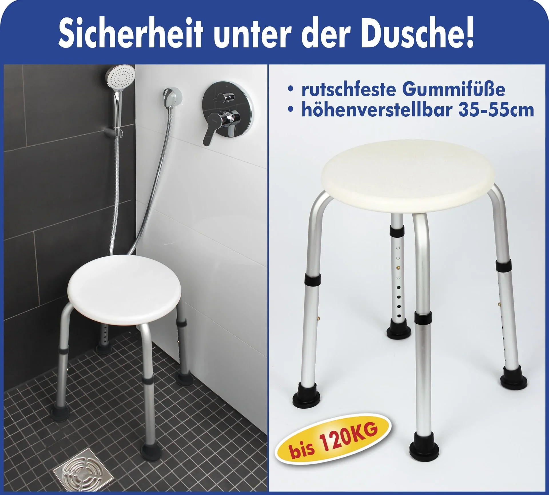 Dusch-Hocker, höhenverstellbar, Weiß/ Silberfarben - 1