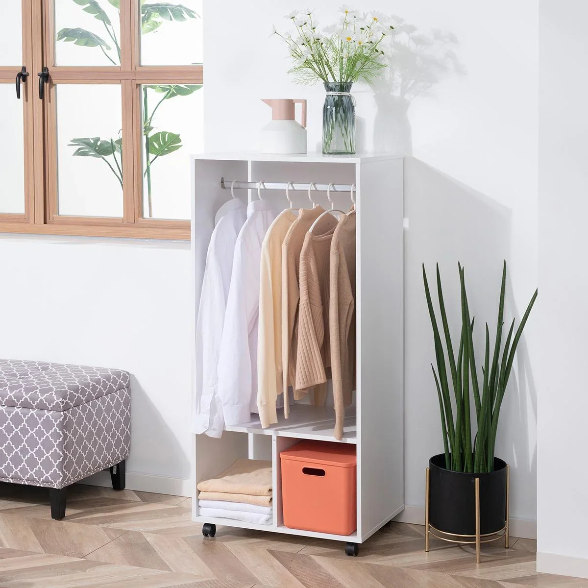Mobiler Kleiderschrank Garderobe Schrank mit Regal 4 Schwenkräder für Wohnzimmer Schlafzimmer, Aluminiumlegierungen, 60 - 0