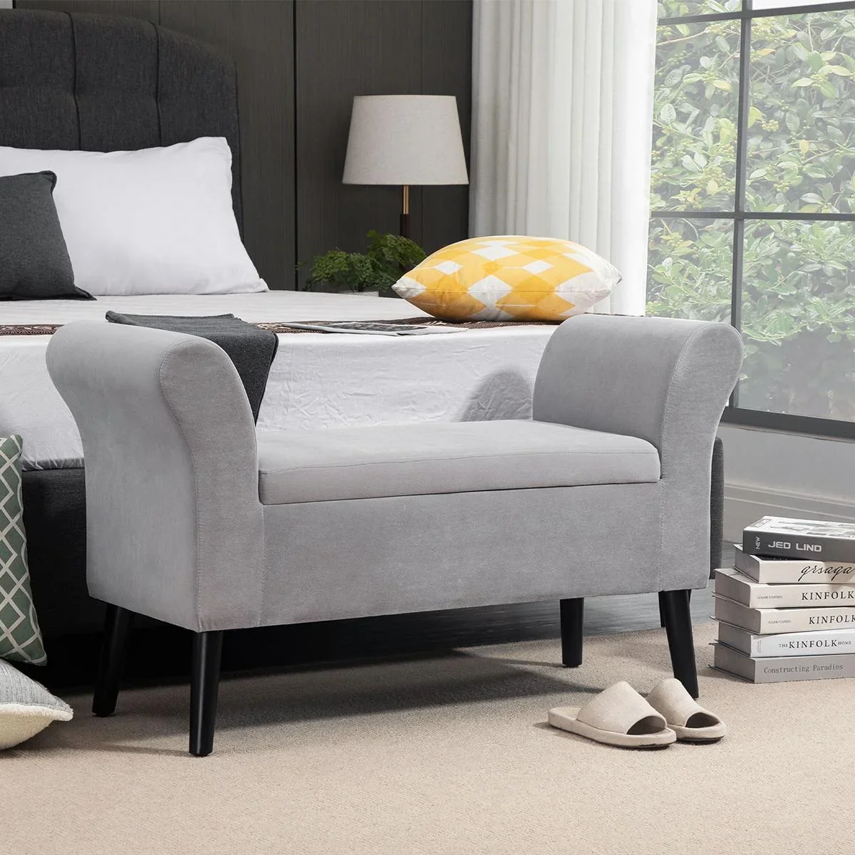 Sitzbank Polsterbank mit Stauraum Polyester Gummiholz Hellgrau 111,5 x 41 x 65 cm - 4