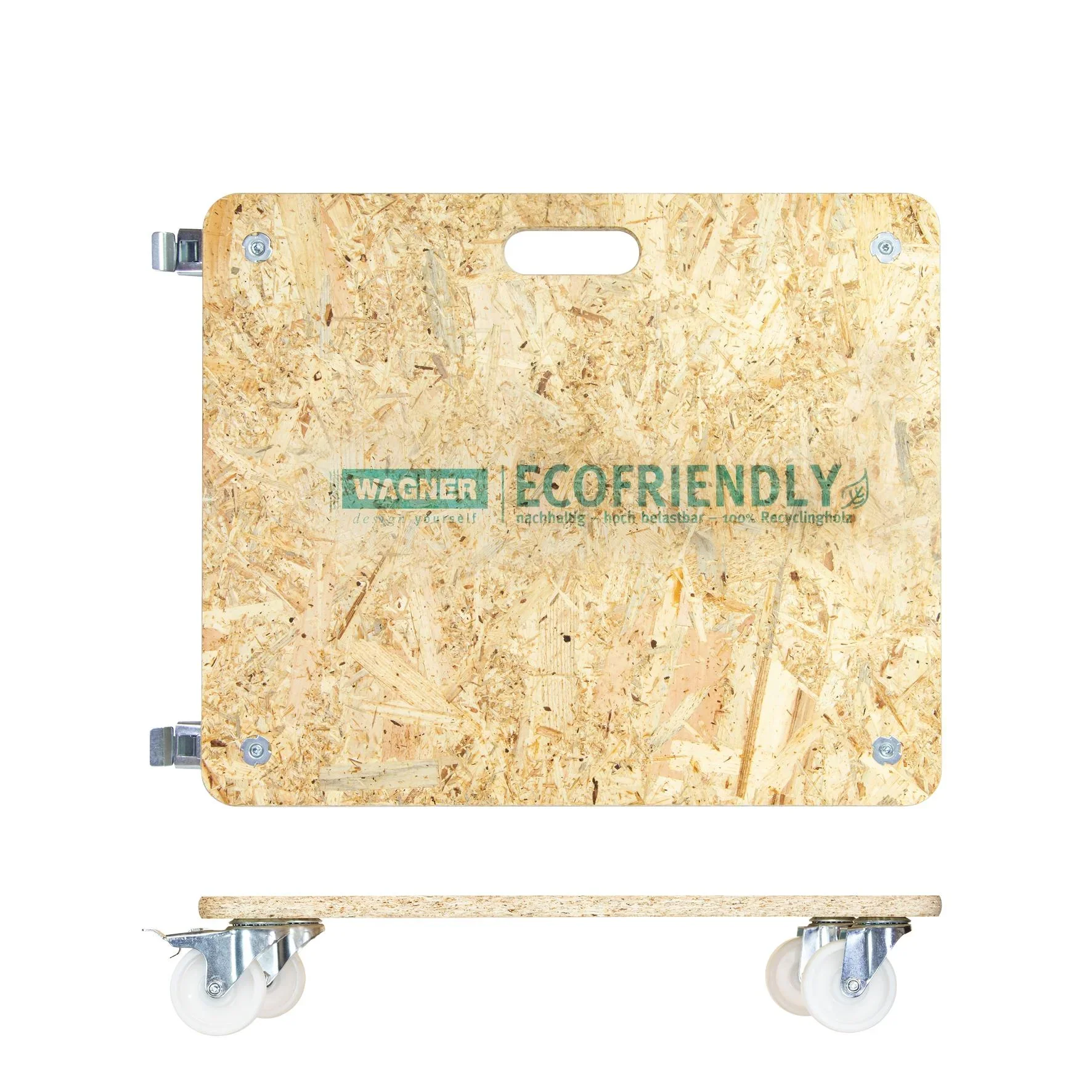Transporthilfe MM 1172, 59 x 49 x 11 cm, harte Rollen Ø 75 mm, Rollenlager, OSB Platte, CO2-neutral, Tragkraft 250 kg - 1