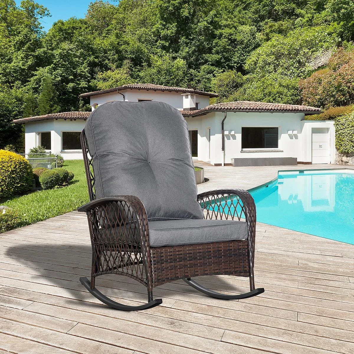Schaukelstuhl gepolstert mit Knopfheftung PE Rattan Stahl Braun + Grau - 1