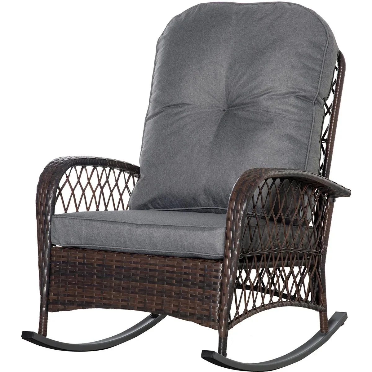 Schaukelstuhl gepolstert mit Knopfheftung PE Rattan Stahl Braun + Grau - 2