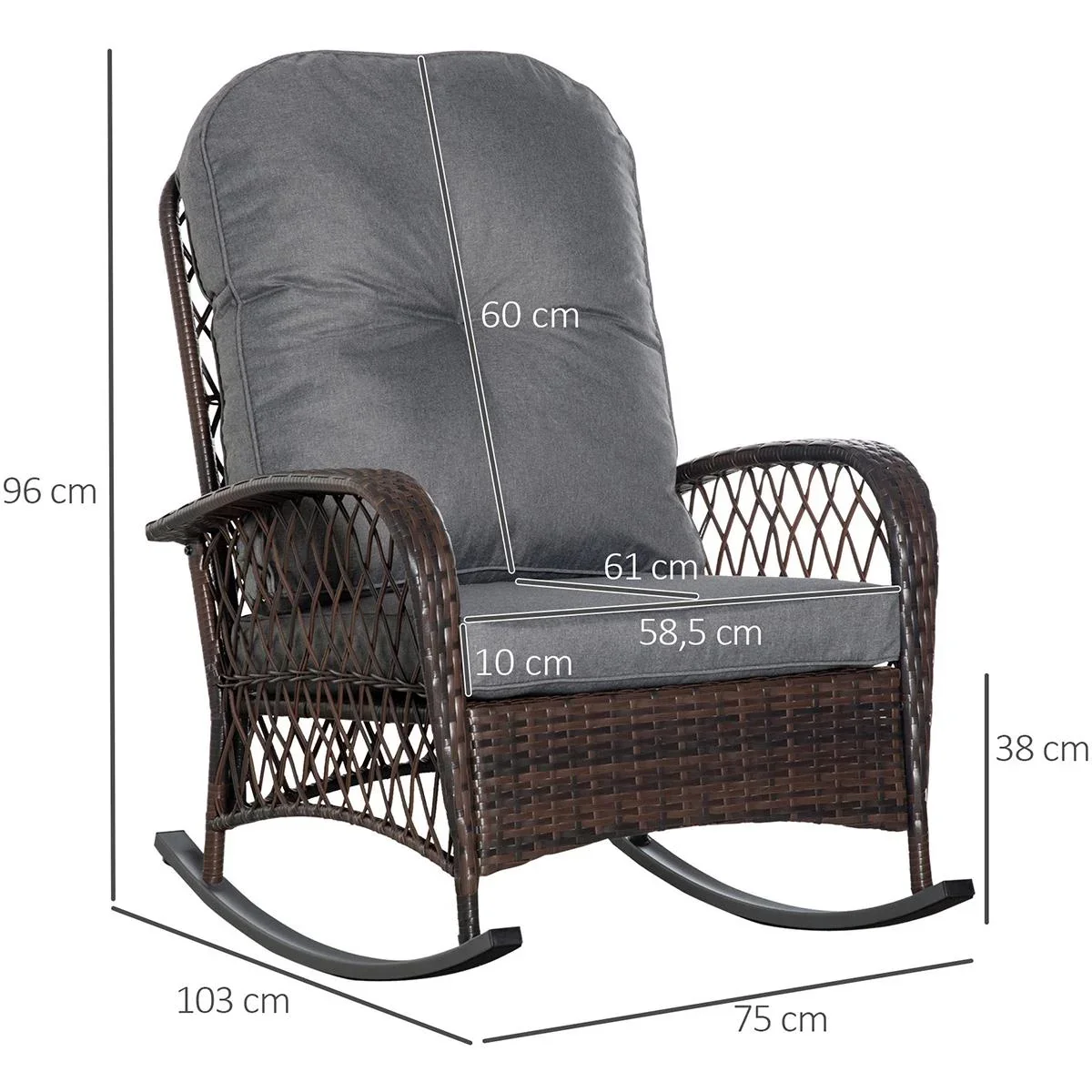 Schaukelstuhl gepolstert mit Knopfheftung PE Rattan Stahl Braun + Grau - 3