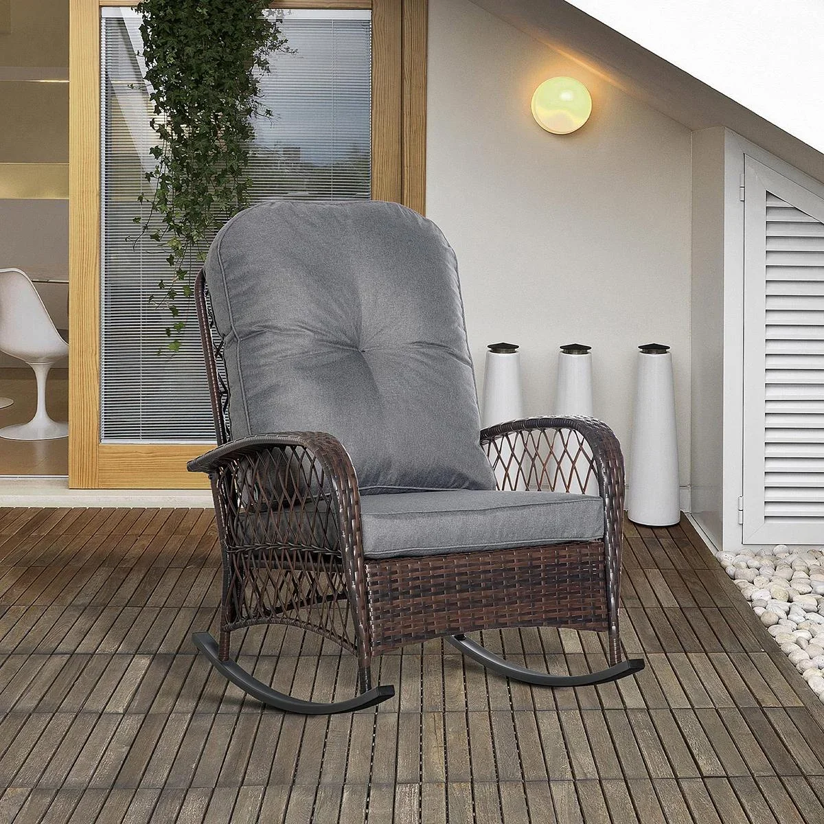 Schaukelstuhl gepolstert mit Knopfheftung PE Rattan Stahl Braun + Grau - 4