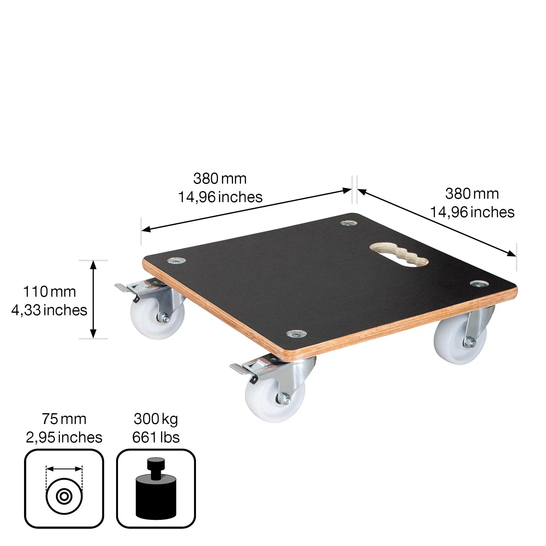 Multi Roller MR 1338, 38 x 38 x 11 cm, harte Rollen Ø 75 mm, Rollenlager, 2 Bremsen, Maxigrip FSC®, Tragkraft 300 kg - 3