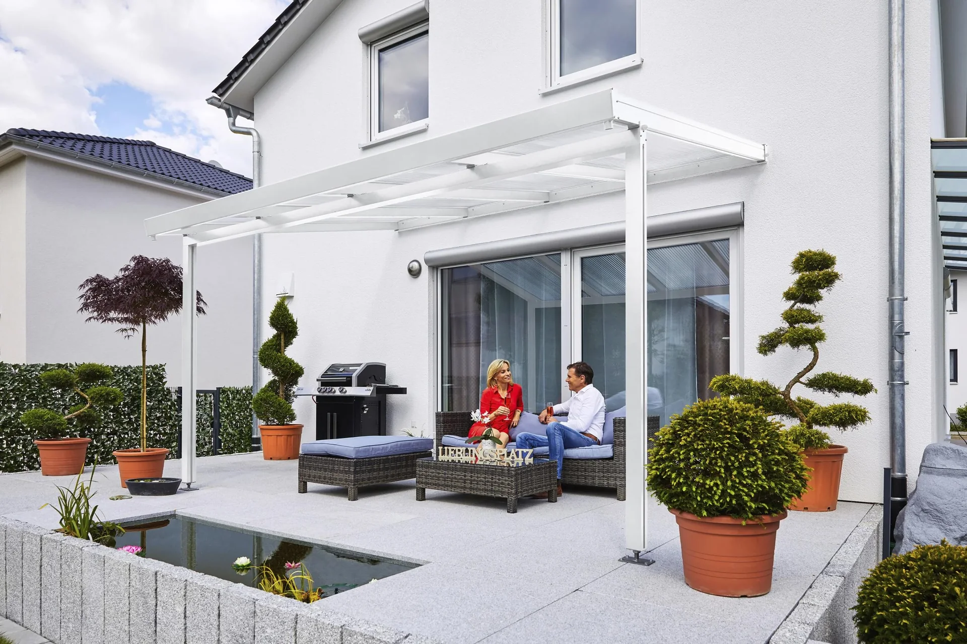 Terrassendach Premium, weiß, 4102 x 3060 mm - Polycarbonat Stegplatten 16 mm, klar - 3