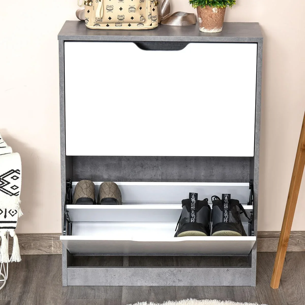Schuhschrank Schuhregal Schuhbank mit 2 Kippschubladen Einfaches Design E1 Spanplatte Grau+Weiß 62,5 x 26 x 81 cm - 0