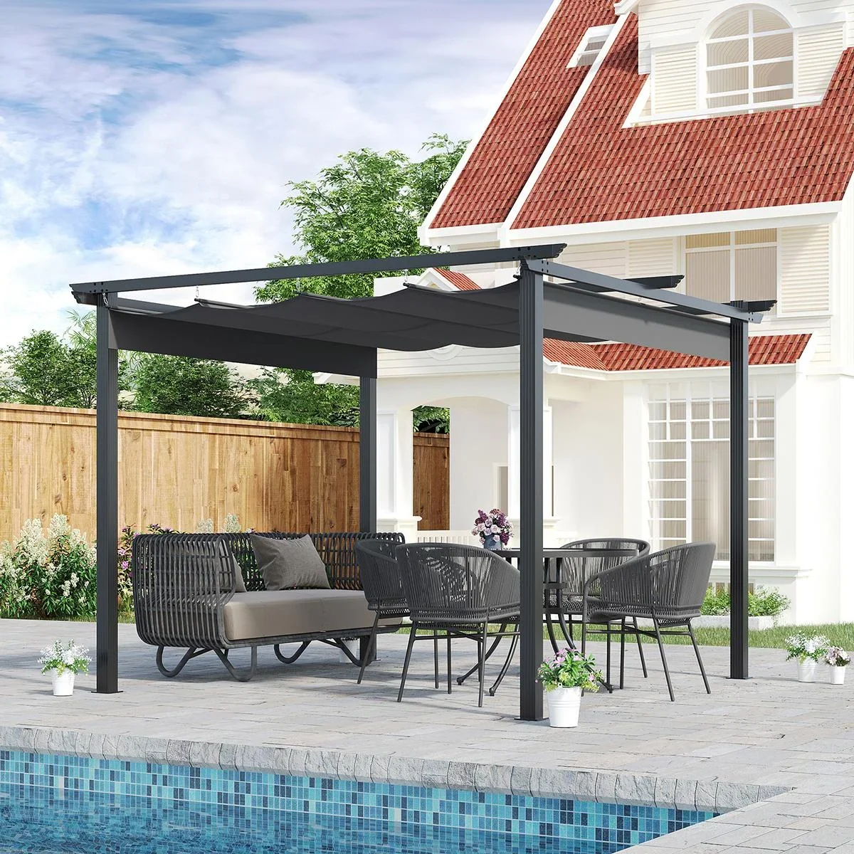 Pergola mit verstellbarer Markise Aluminium Grau+Schwarz 3 x 3 m - 1