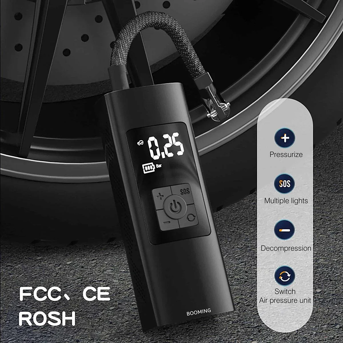 Pure4u CAR2 Tragbarer Kompressor - Elektrische Reifenpumpe - USB Wiederaufladbar - LED - Powerbank - 2