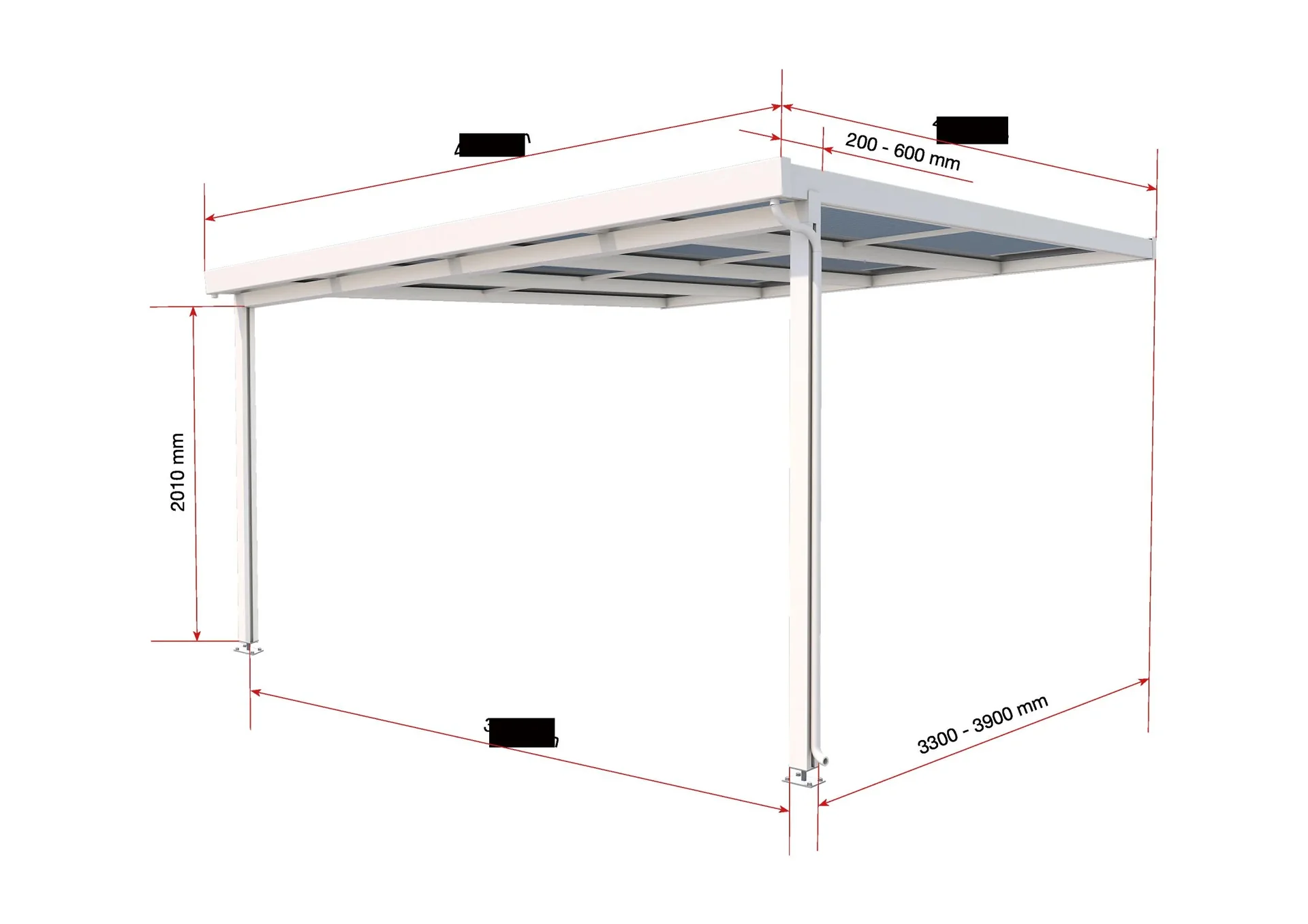 Terrassendach Premium, weiß, 4102 x 4060 mm - Polycarbonat Stegplatten 16 mm, klar - 4