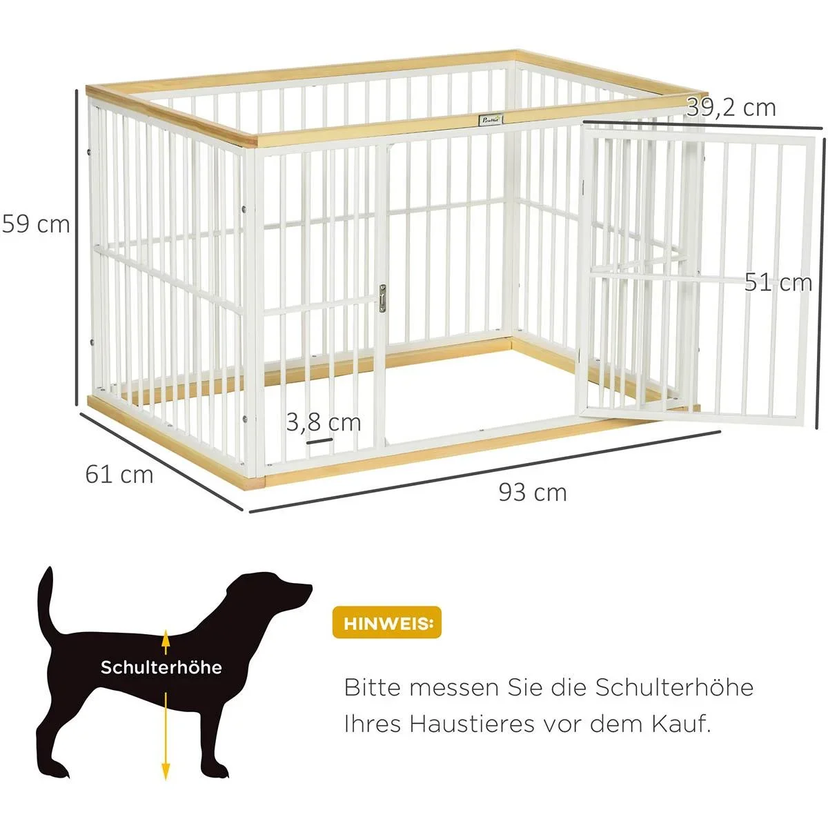 Außengehege für Hunde Sicherheitszaun mit Tür Stahl Kiefer Holz Weiß + Natur 93 x 61 x 59 cm - 1