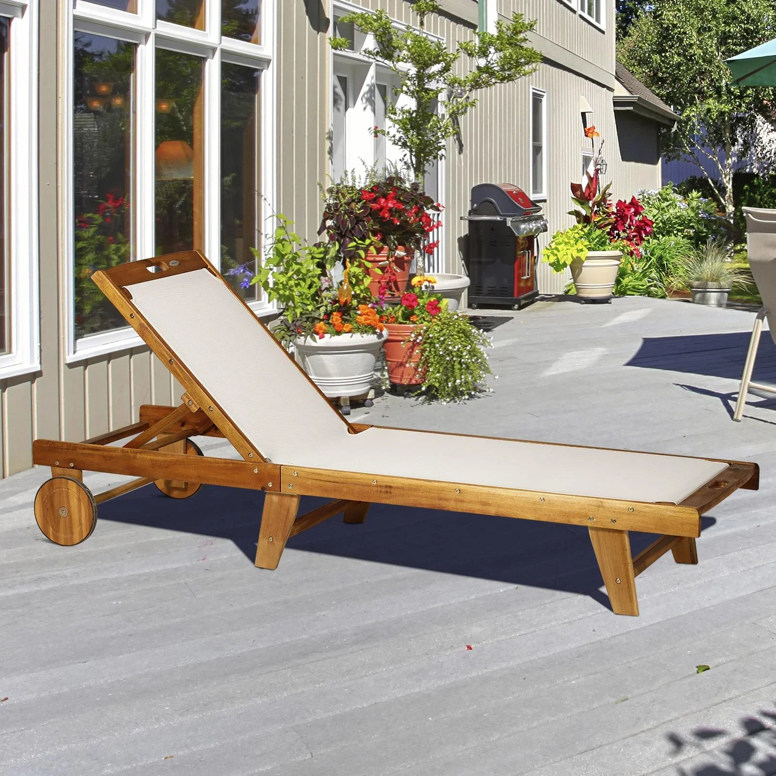 Sonnenliege Relaxliege Gartenliege verstellbar Akazienholz Textil Natur 198 x 60 x H87/80/69/45 cm - 1