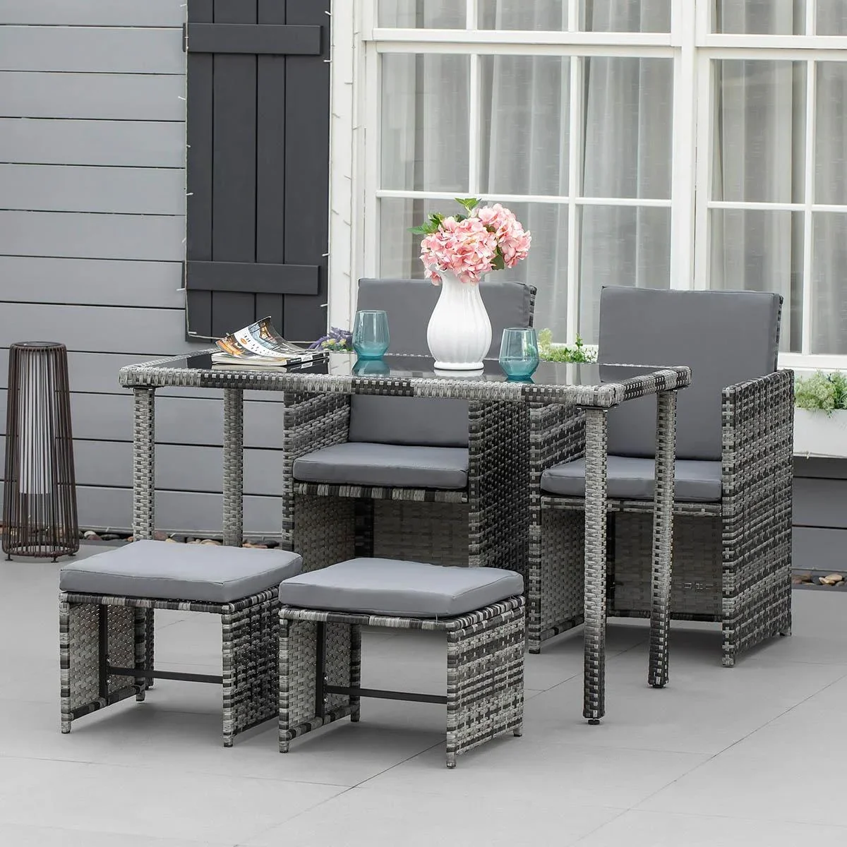 Polyrattan Sitzgruppe Essgruppe Gartenset Garnitur 11 tlg. mit Kissen, Grau - 3