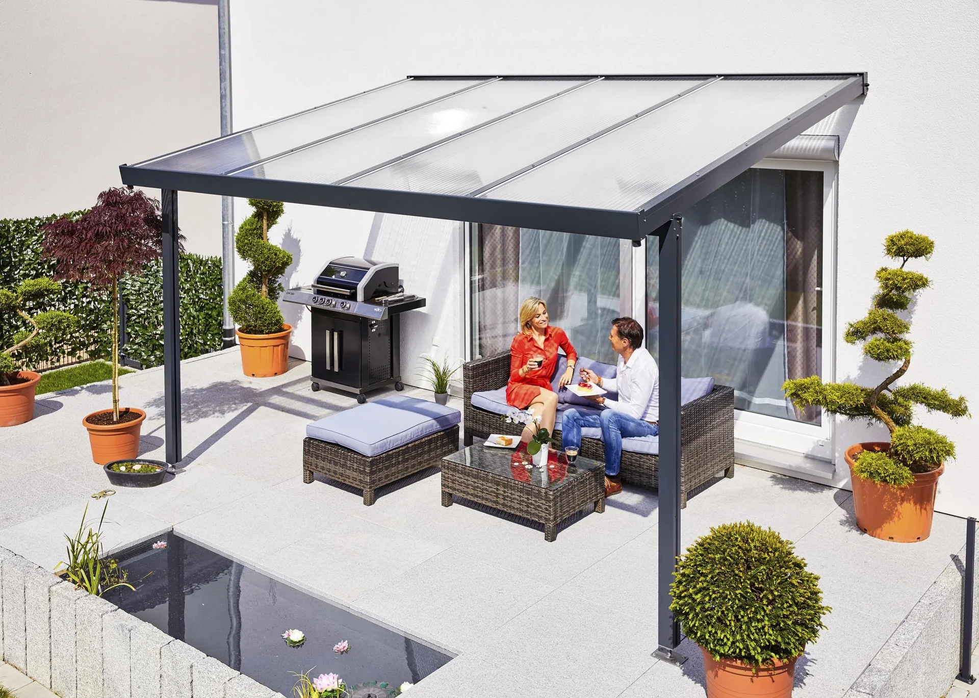 Terrassendach Premium, anthrazit, 4102 x 3060 mm - Acryl Stegplatten 16mm, klar - 4