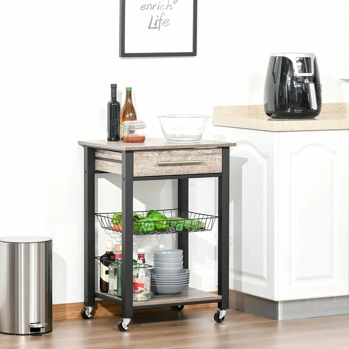 Küchenwagen Küchenrollwagen Servierwagen mit Ablage Schublade Weinregal Spanplatte Metall Grau Eiche 60 x 50 x 84,5 cm - 1