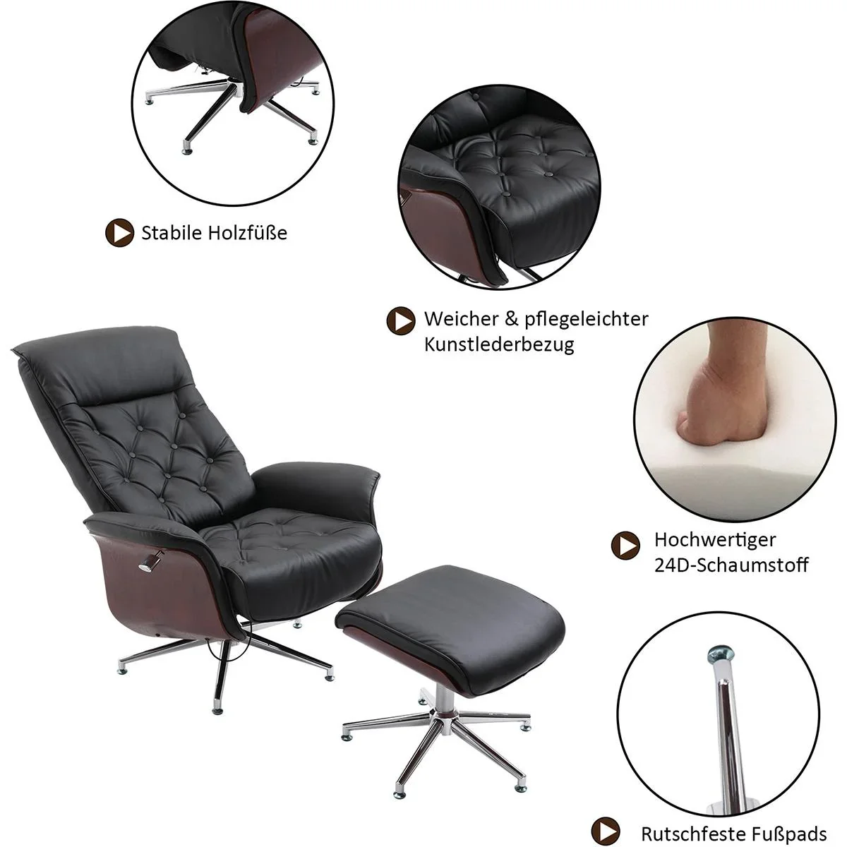 Chesterfield Sessel mit Hocker schwarz - 5