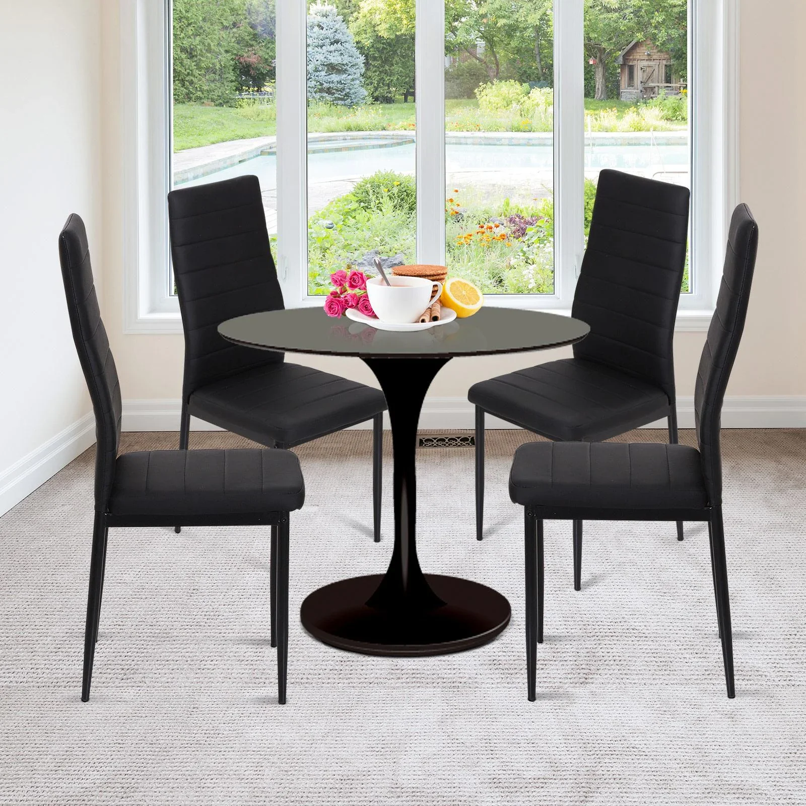 4er-Set Esszimmerstuhl Küchenstuhl Luxus Polsterstuhl Hochlehner Kunstleder + Metall Schwarz 51 x 41 x 97 cm - 0