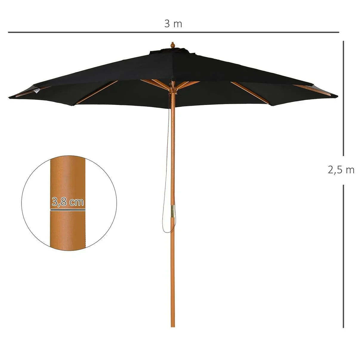 Sonnenschirm Holz 300 cm Holzschirm Gartenschirm Balkonschirm Bambus Schwarz - 0