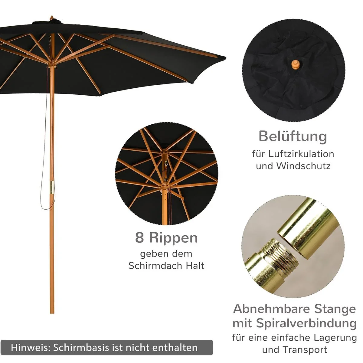 Sonnenschirm Holz 300 cm Holzschirm Gartenschirm Balkonschirm Bambus Schwarz - 1