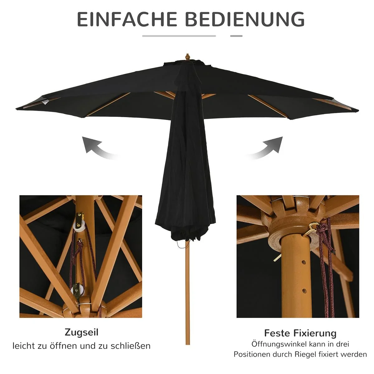 Sonnenschirm Holz 300 cm Holzschirm Gartenschirm Balkonschirm Bambus Schwarz - 2